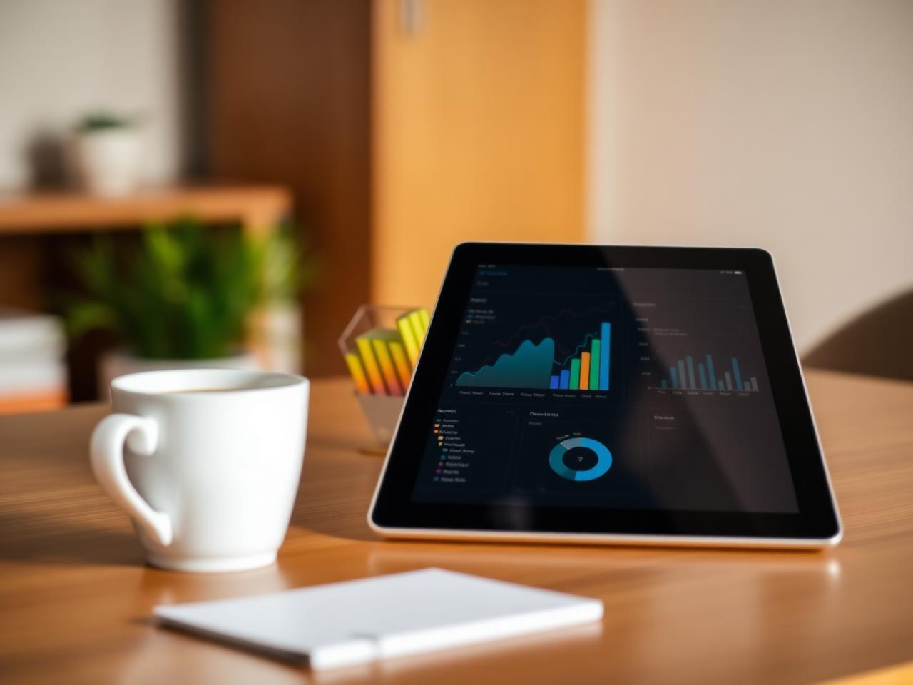 Tablet showing a marketing analytics dashboard next to a coffee cup